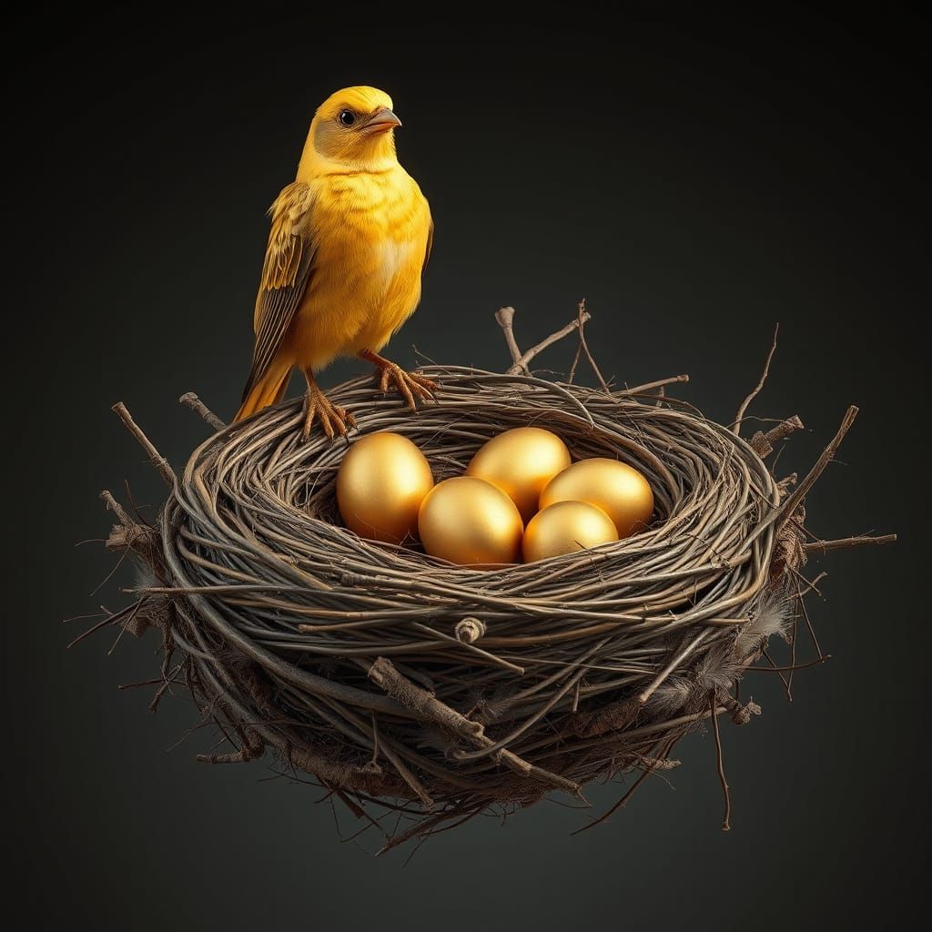 Hyperrealistic Birds Nest with Golden Eggs and Majestic Gold...