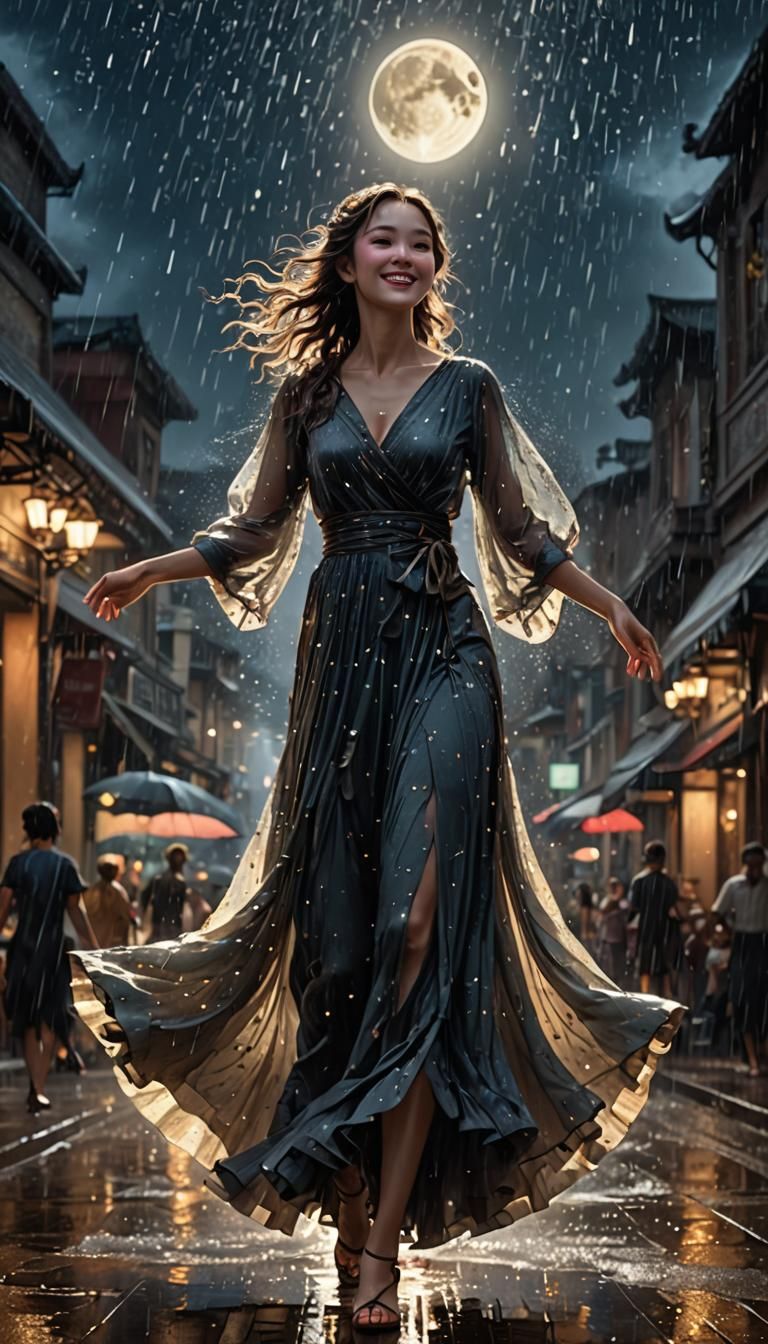 Anime Woman Dancing in the Rain at Night