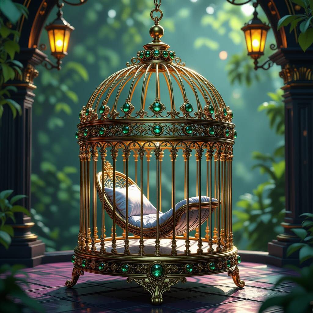 Ornate Emerald and Gold Birdcage in Dark Fantasy Style