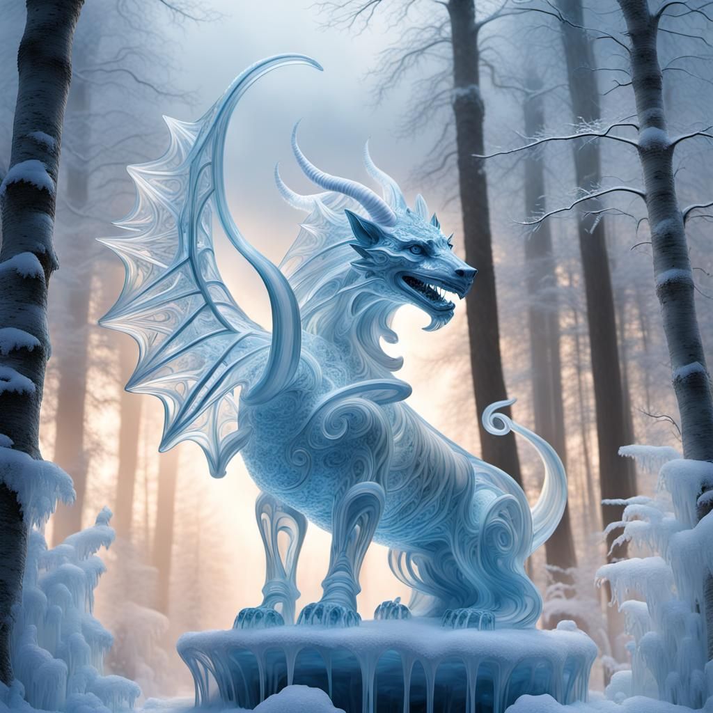 Majestic Ice Crystal Chimera Sculpture in Winter Forest