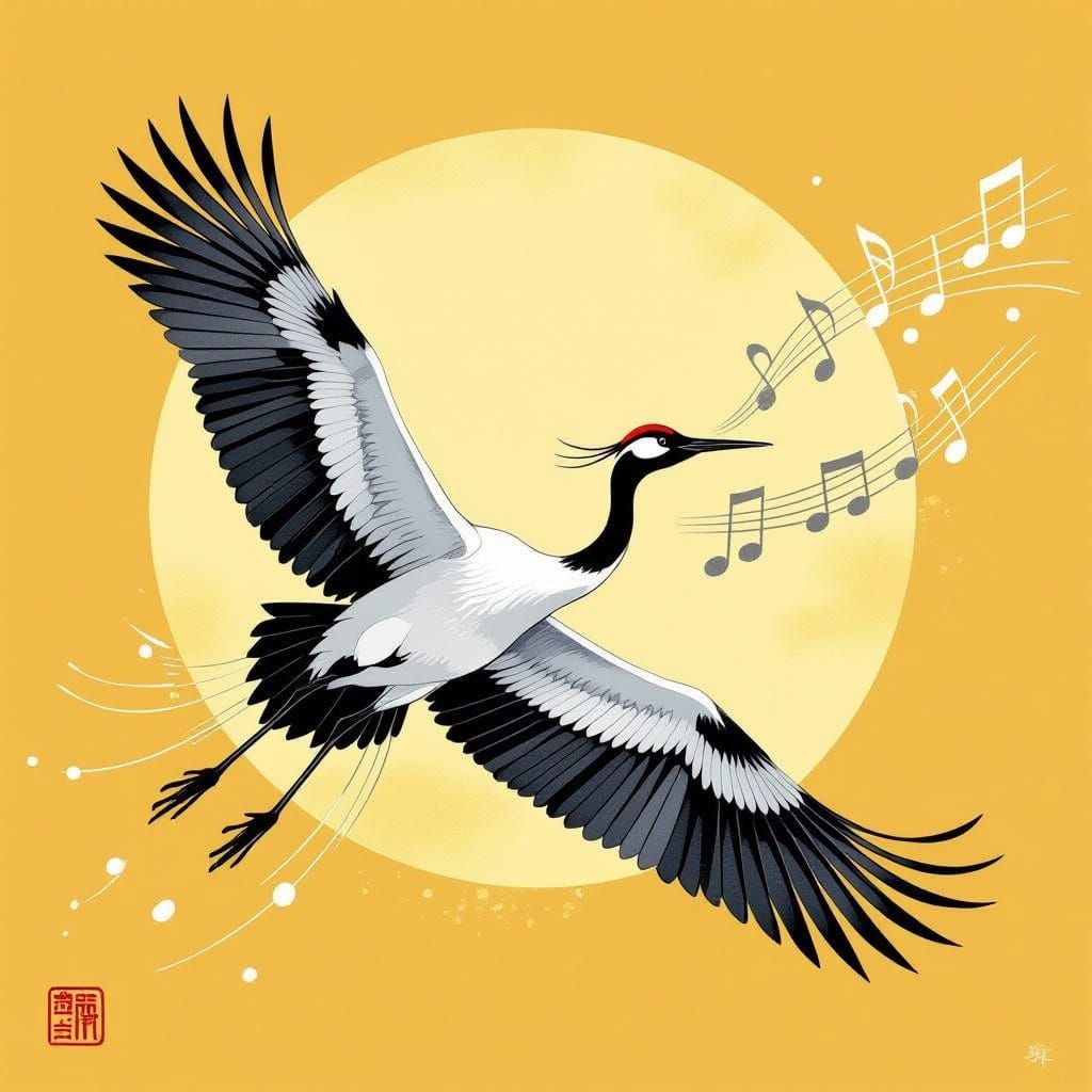 Black Crane in Flight with Musical Notes Japanese Ink Wash