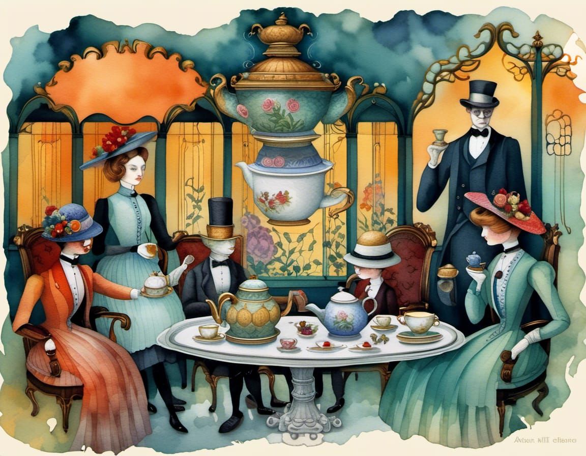 Whimsical Watercolor Tea Party in Mannerist Style