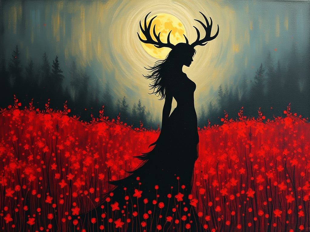 Sorceress Silhouette in Crimson Meadow, Impasto Painting