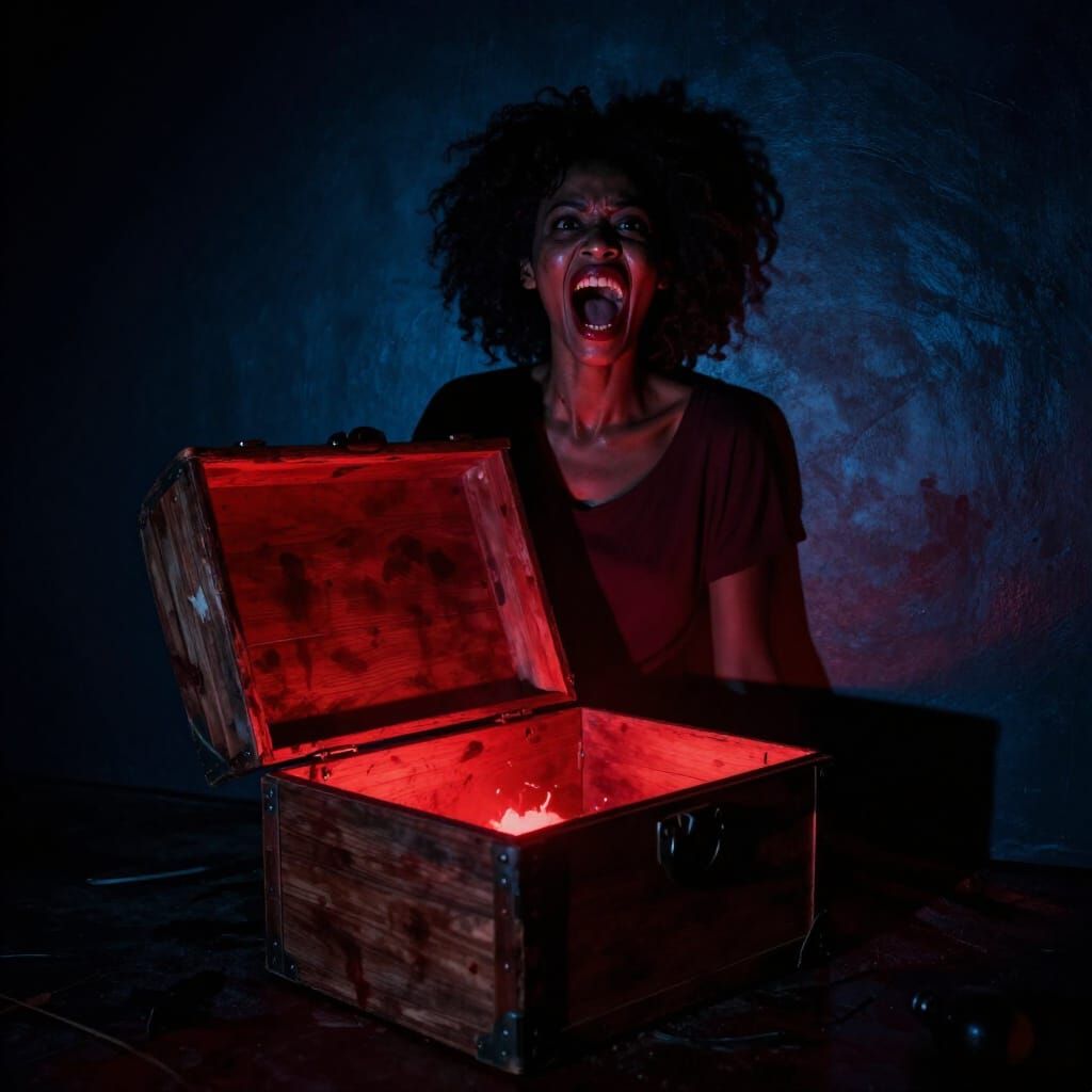 Cursed Wooden Box Glows Red, Woman's Shadow on Wall