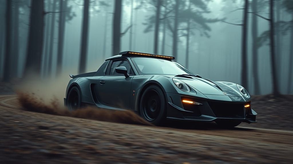 Moody Forest Cityscape with Aggressively Lowered Grey Porsch...