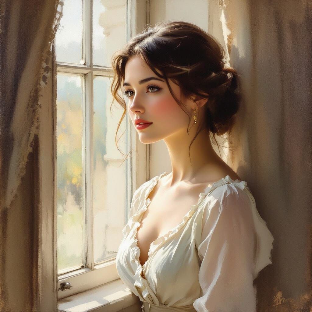 Serene Woman by Window in Classical Oil Painting Style