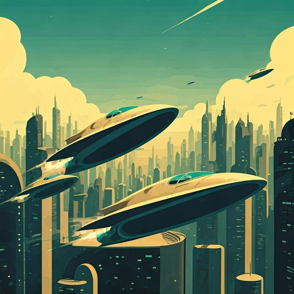 Jetsons cartoon style flying personal spaceships swooping through a sky city.
