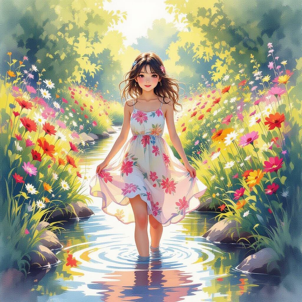Girl in Sunlit River Garden: Watercolour Anime Style