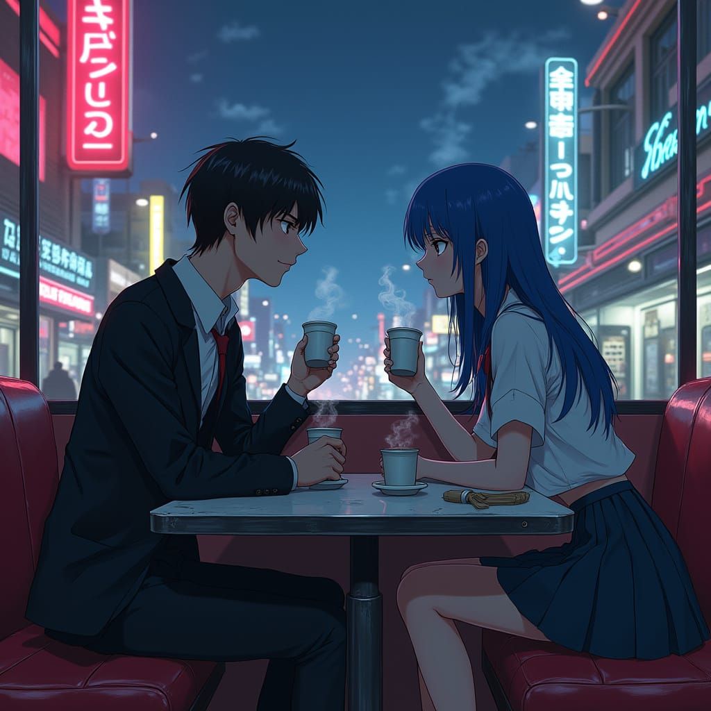 Dark Anime Duo Sips Coffee in Retro Diner