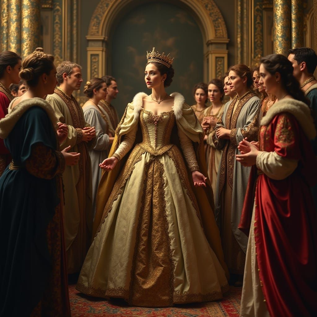 Renaissance Queen in Lavish Gown and Golden Light