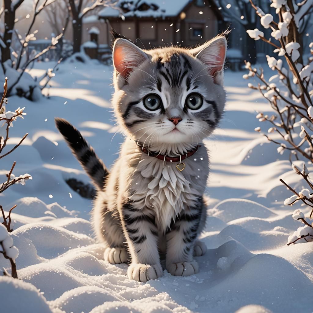 Sad Kitten in Snow: Detailed 3D Anime Art