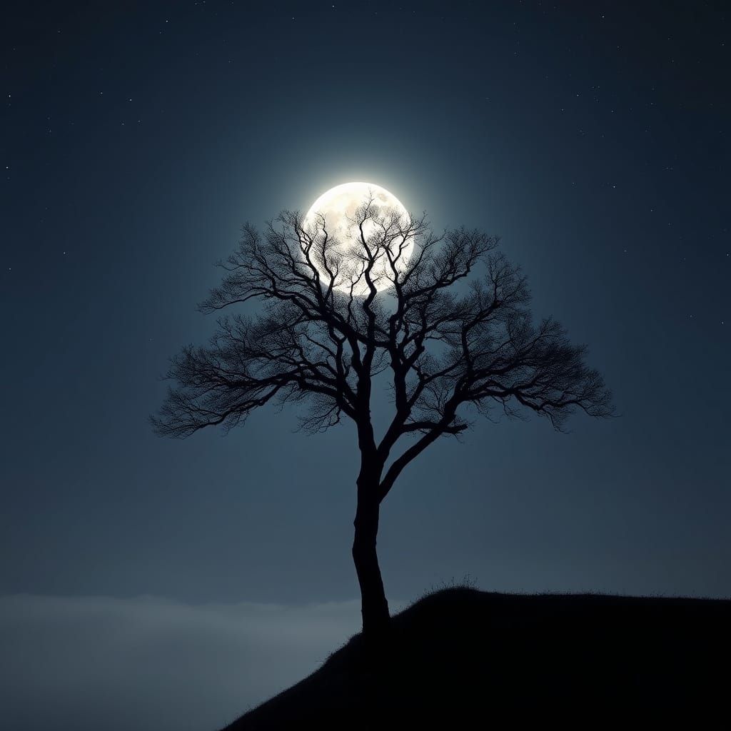 Lone Tree Silhouetted by Moonlight