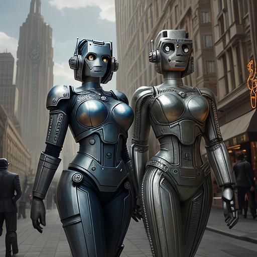 Cybernetic Actresses in Art Deco Steampunk City