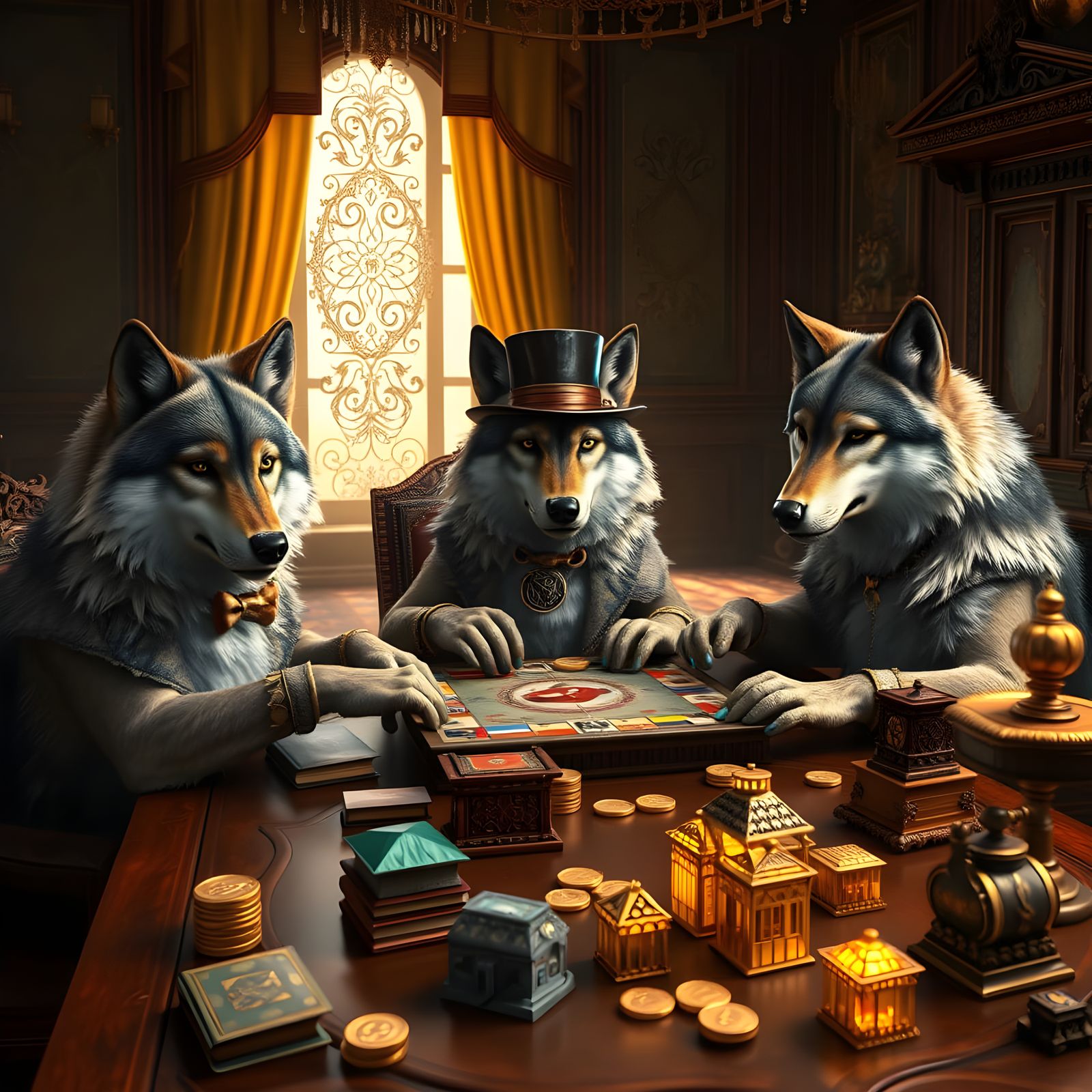 Luxurious Wolves Gather for a Game of Monopoly in an Opulent...