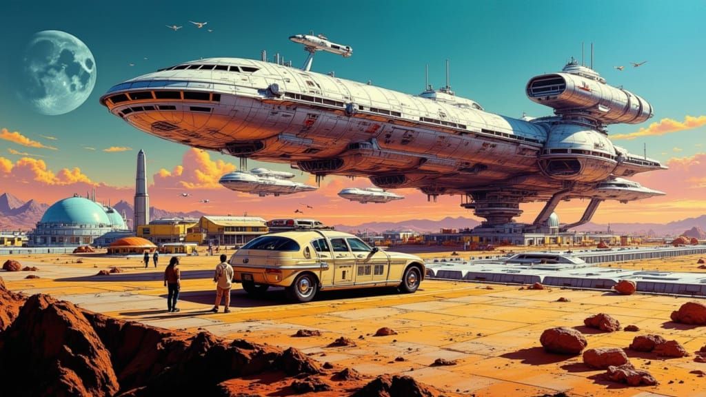 Retro-Futuristic Spaceships Dock at Bustling Desert Spacepor...