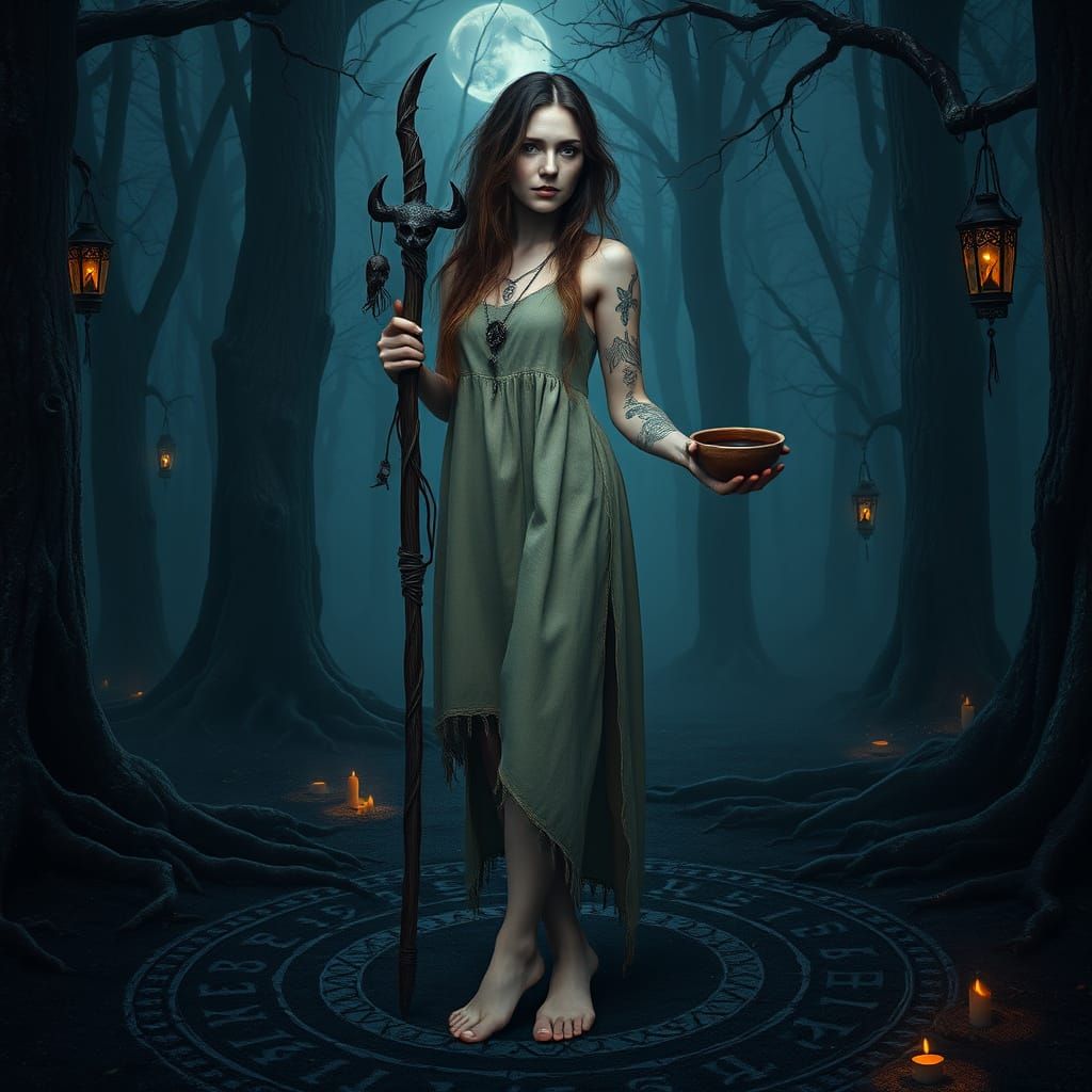 Mystical Slavic Woman in Primeval Forest