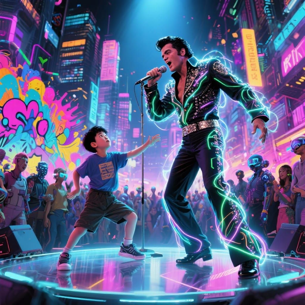 Futuristic Elvis Performs with Korean Dancer in Cyberpunk Ci...