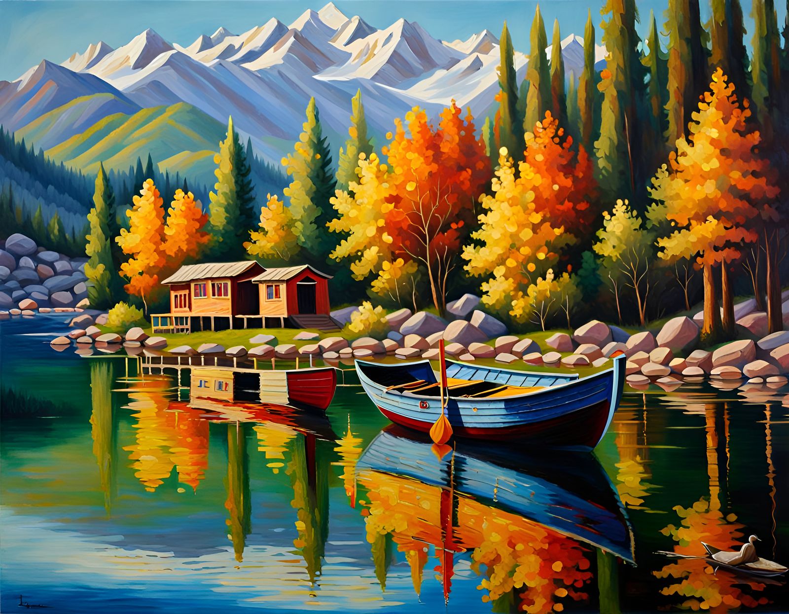 Realistic Boat on Lake Kashmir: Vivid Oil Painting