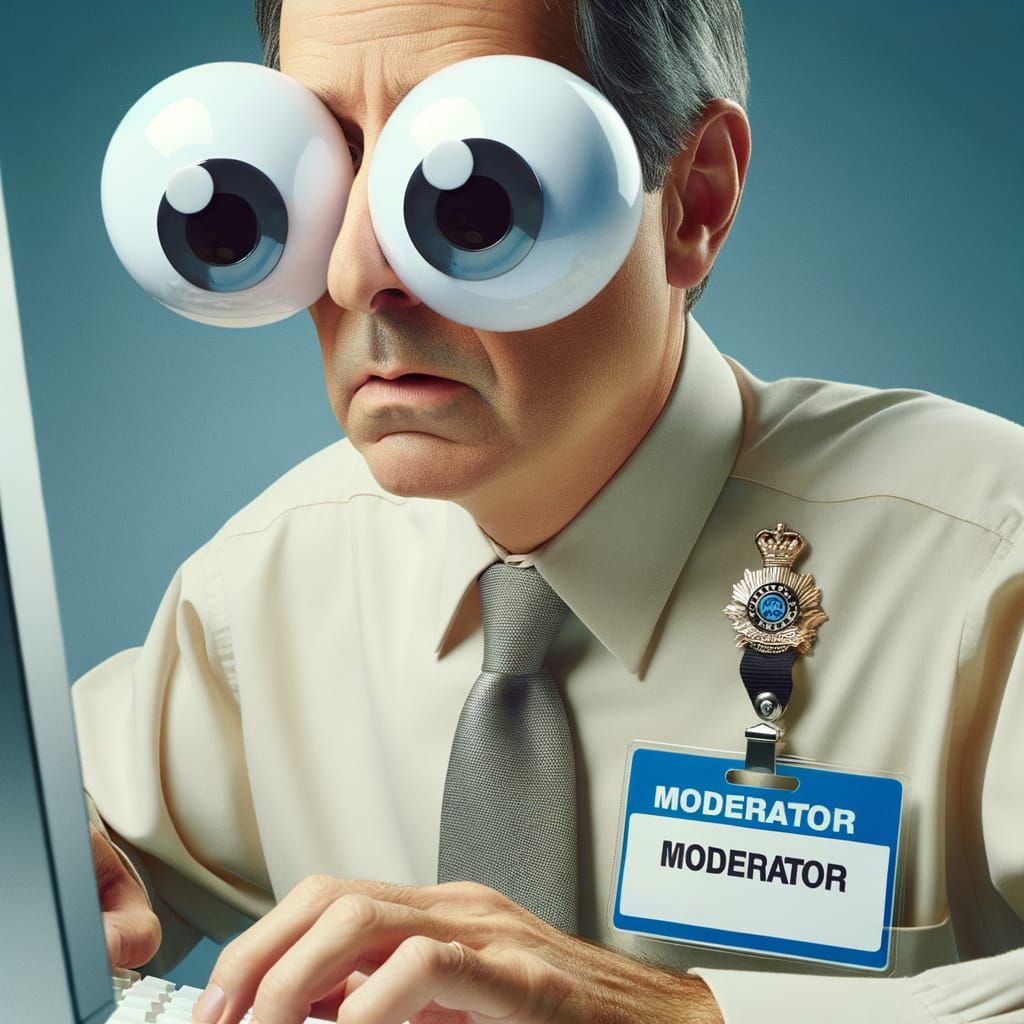 Confused Moderator with Googly Eyes Stares at Screen