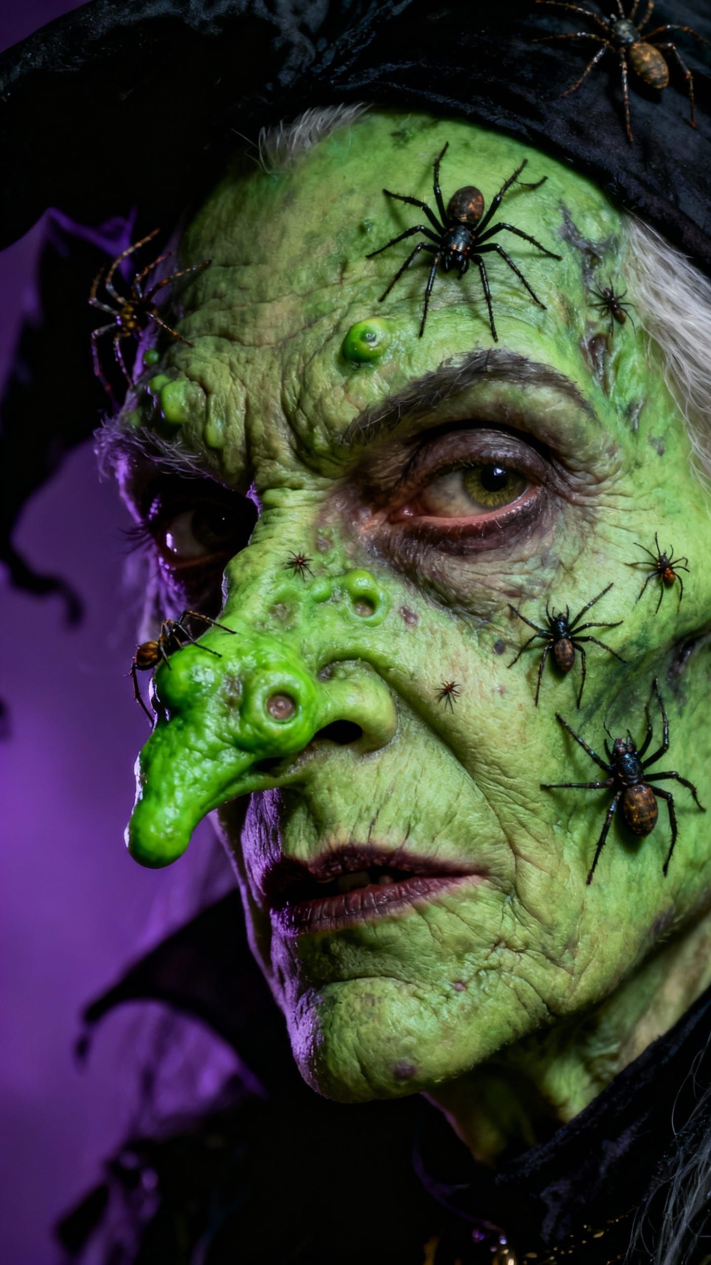 Hyperrealistic Mature Witch with Green Skin and Crawling Ins...