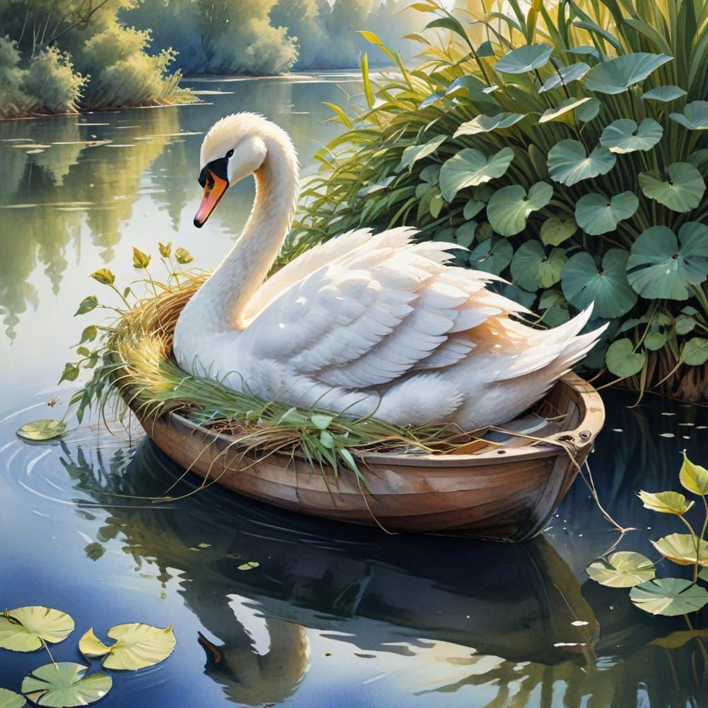 Whimsical Swan on a Serene Lake Boat
