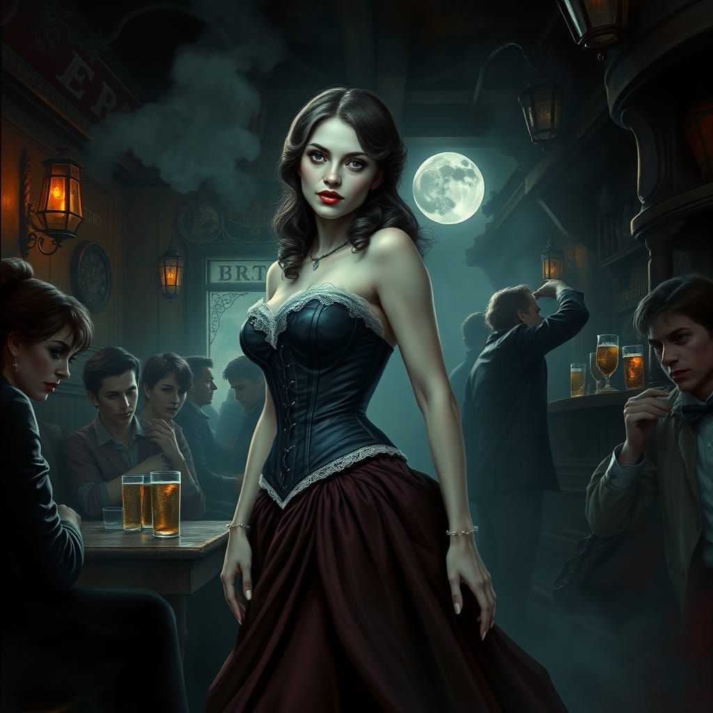Vampire in Victorian-Era Pub, Inspired by Dark Illustrations