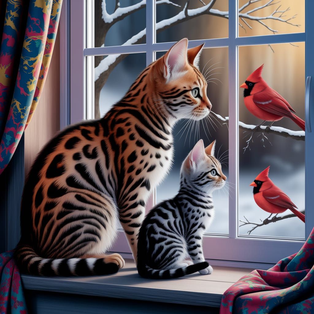 Mother and Kitten Gaze at Cardinals in Snowy Winter Scene