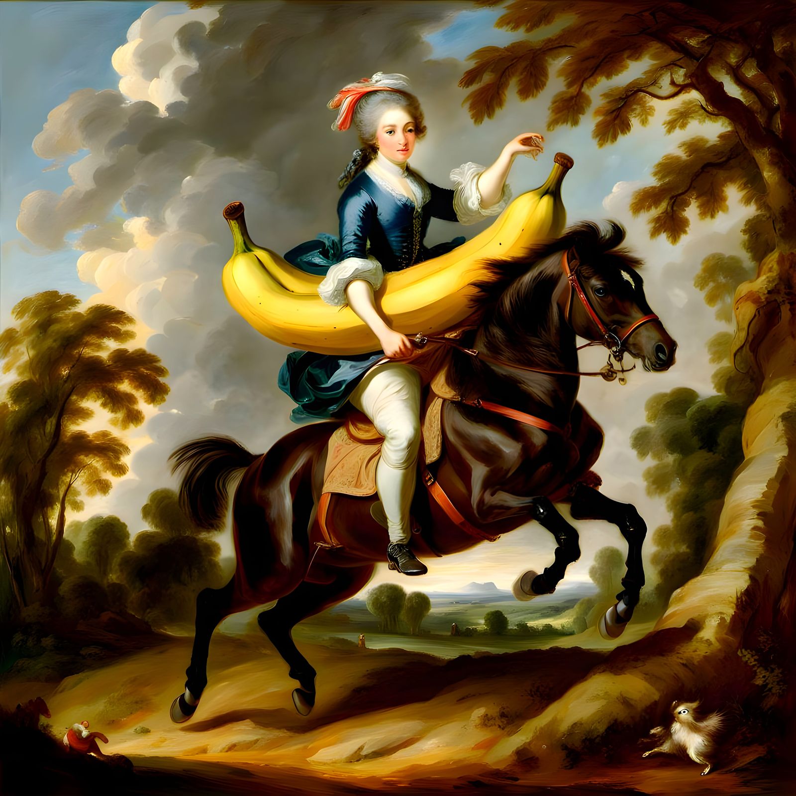 Girl on Pony Jumps Giant Banana in Landscape