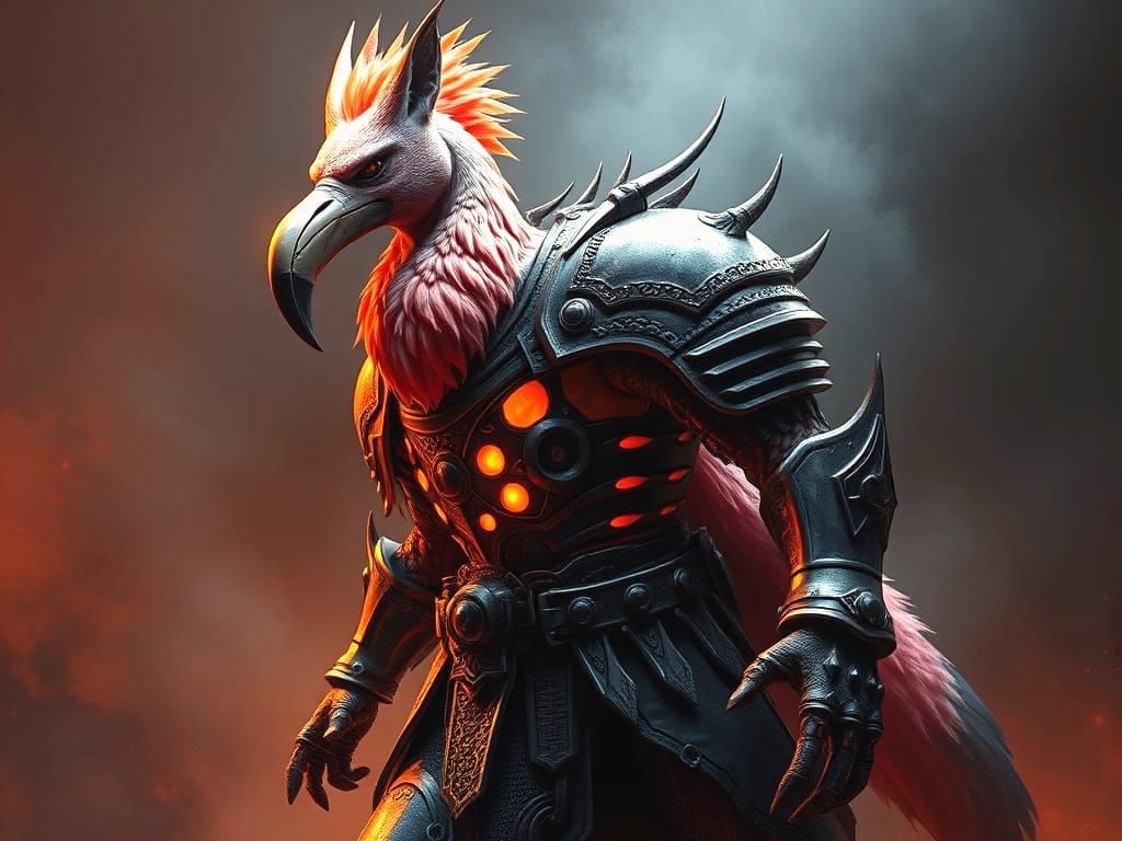 Aggressive Flamingo-Fox Warrior in Armor