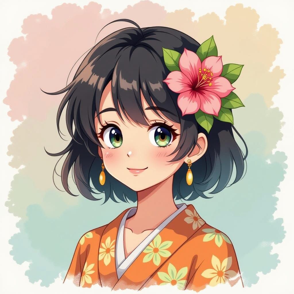 Whimsical Anime Character in Dreamy Watercolor Setting