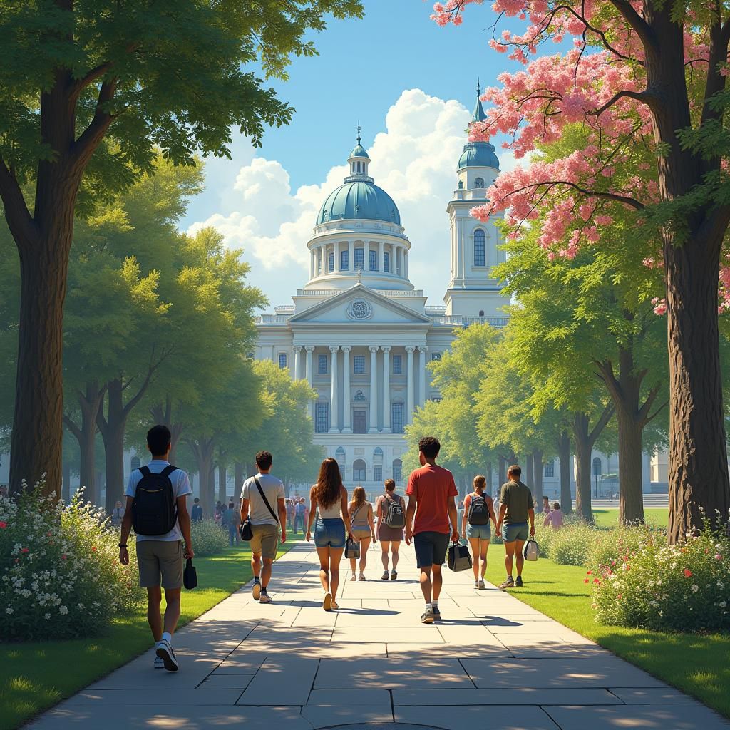 Vibrant College Campus Scene in Fantasy Style