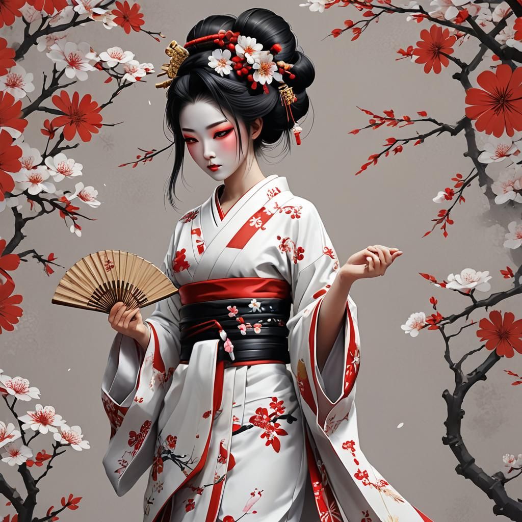 Geisha in White Kimono: 3D Anime Art