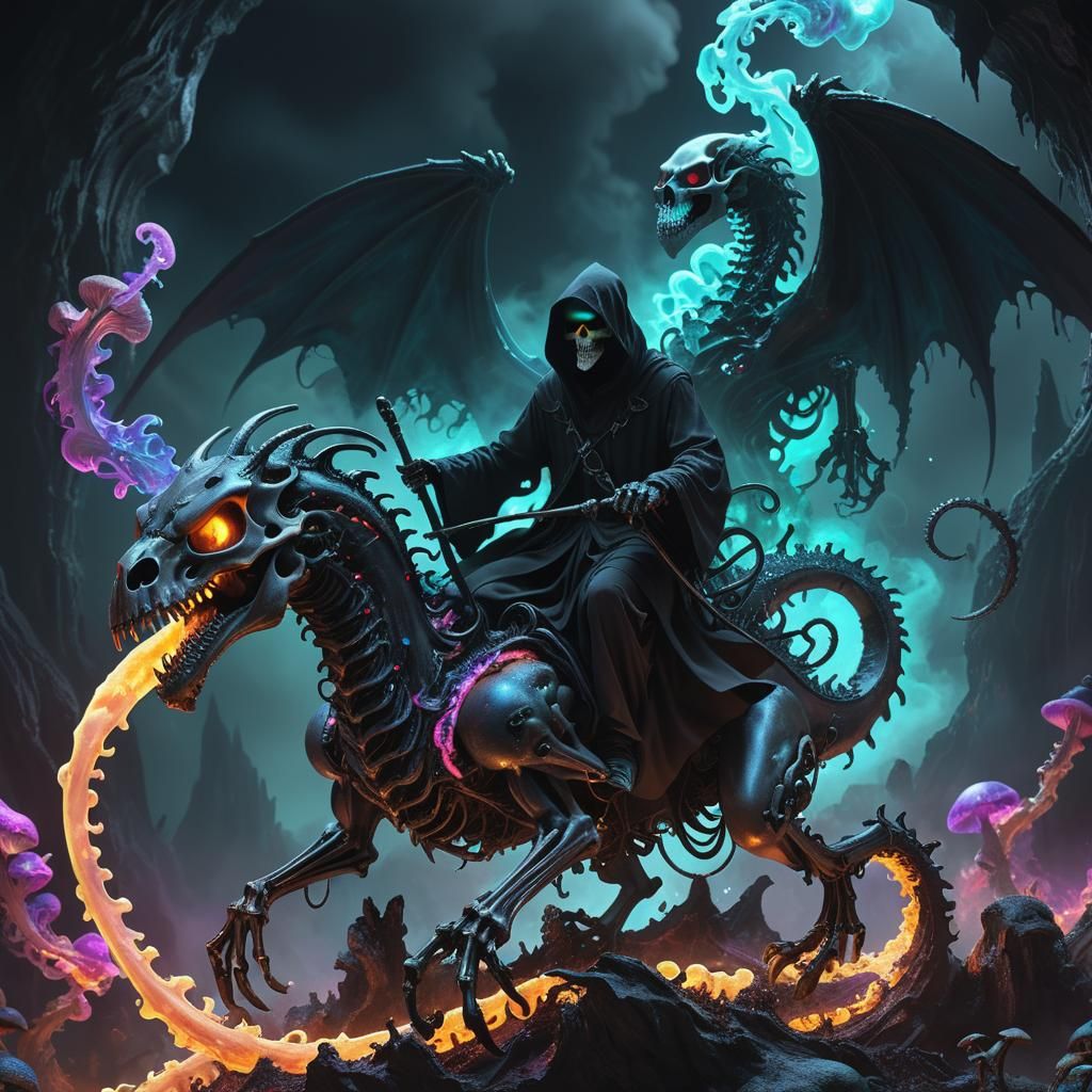 Grim Reaper on Smoke Dragon, Fantasy Art