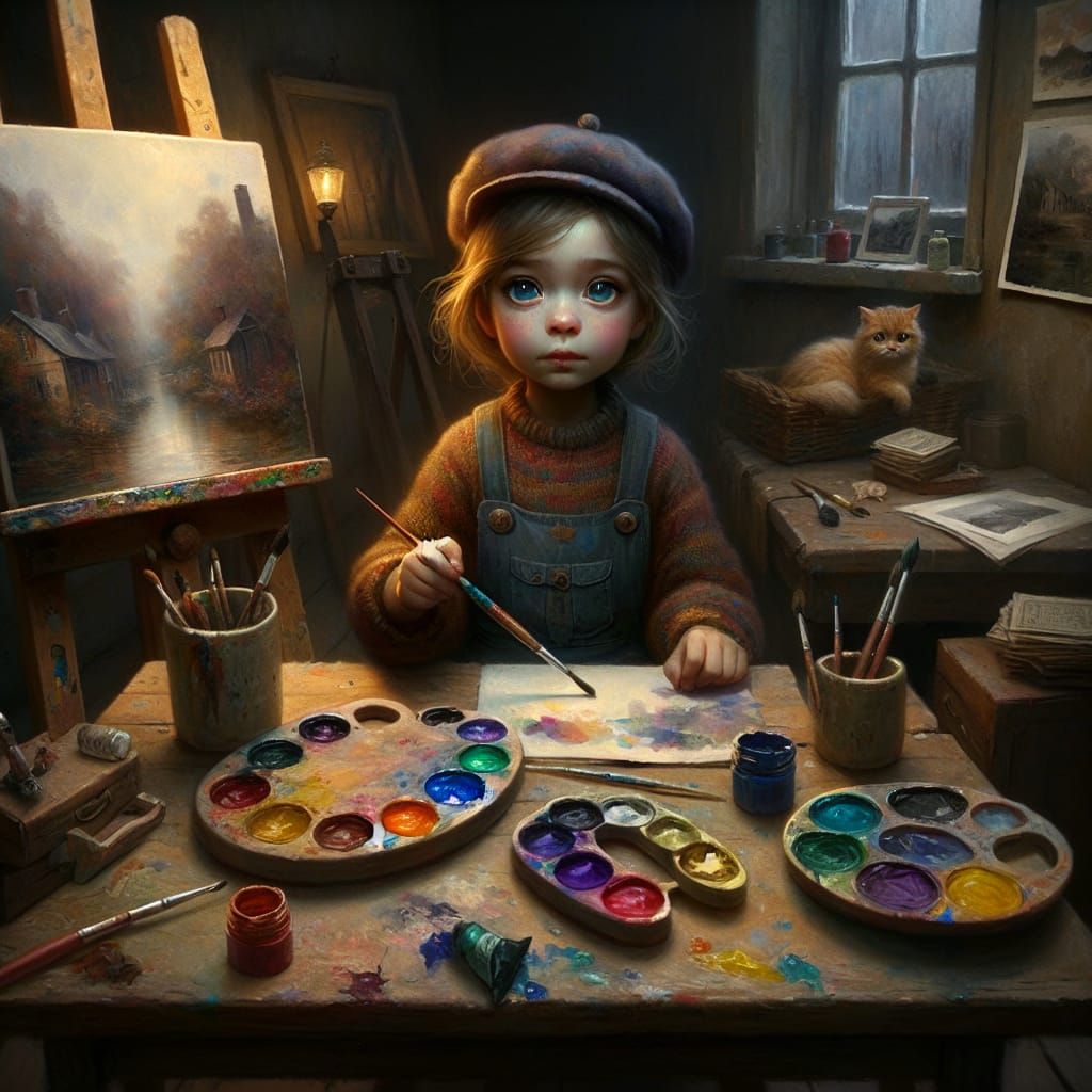 Young Artist Surrounded by Vibrant Creative Space in Late 19...