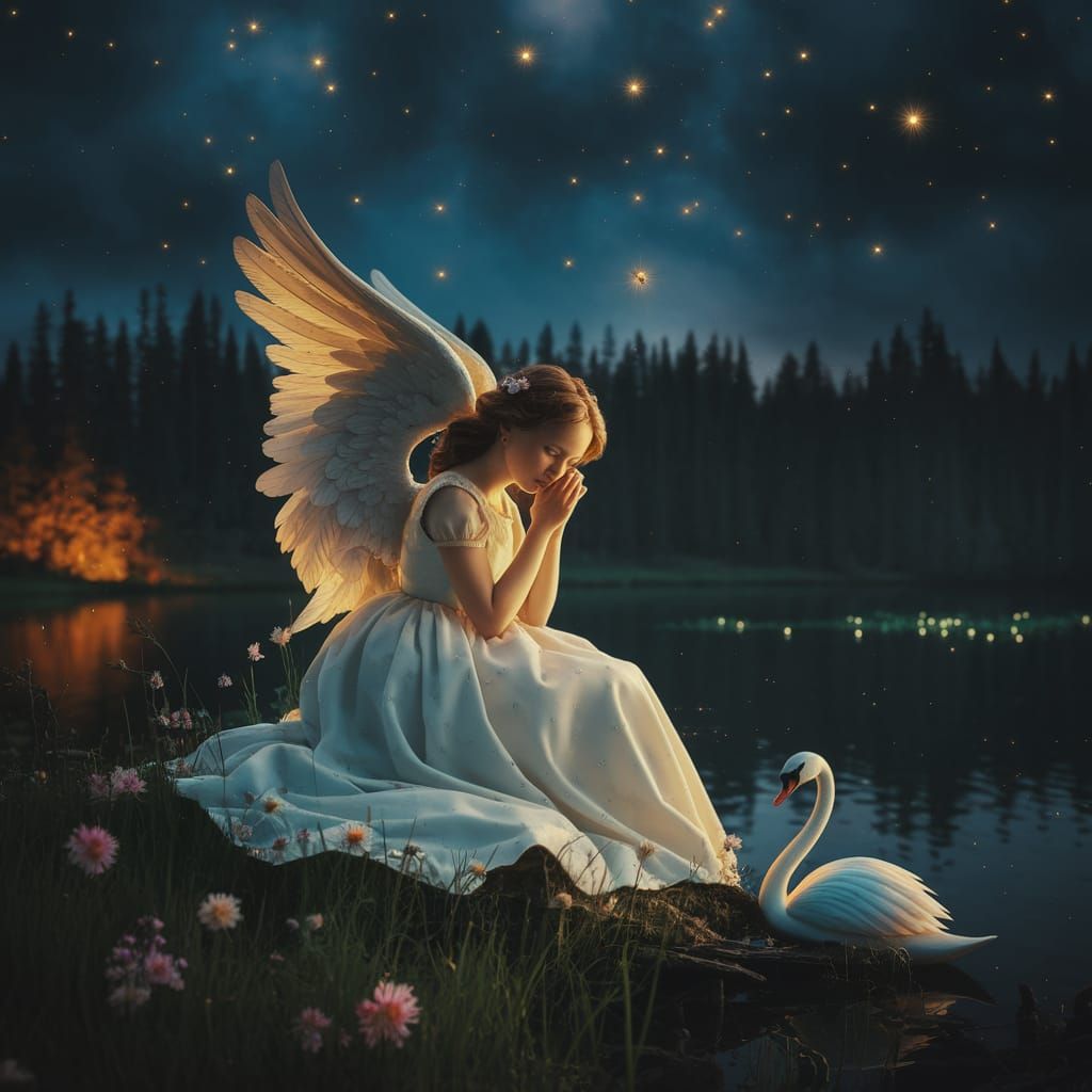 Angel Sits on Lake Shore in a Magical Forest Glowing with Fi...