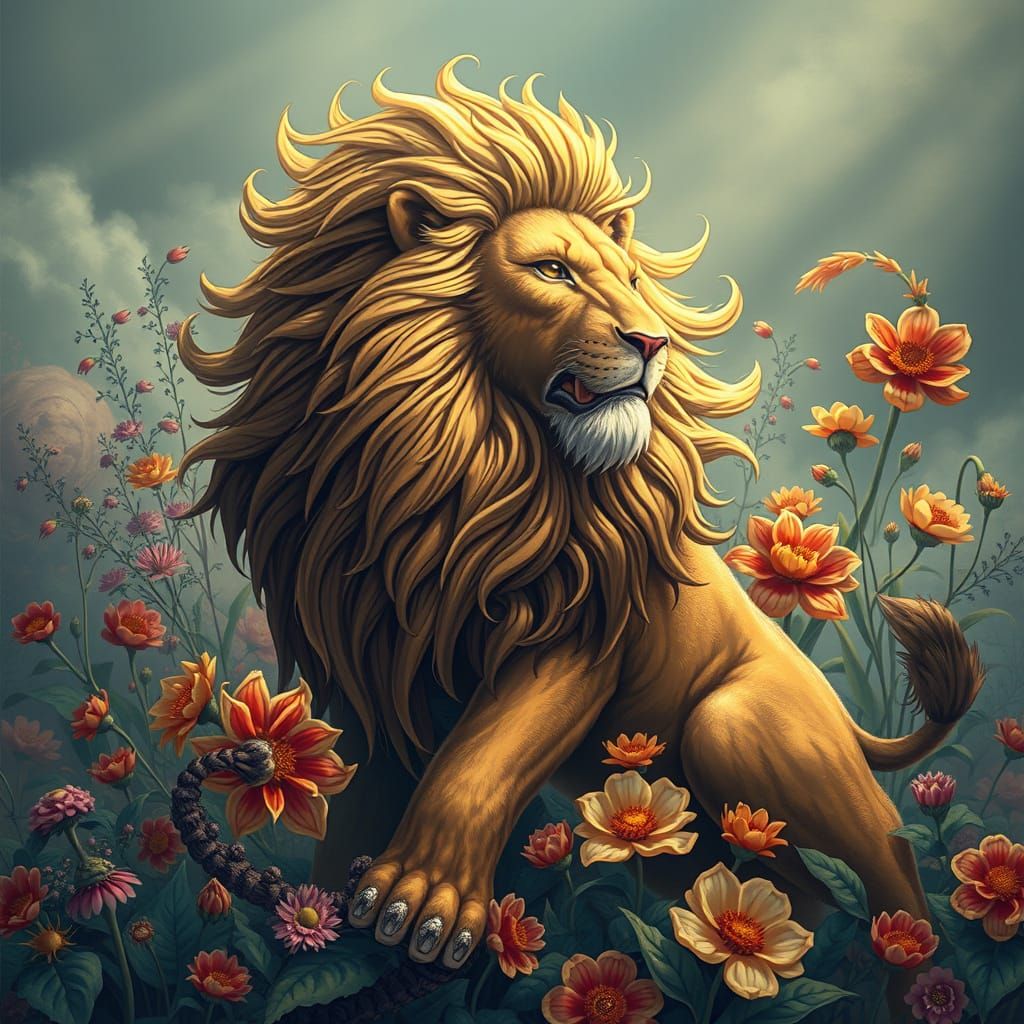 Lion and Garden Fusion in Digital Art Style