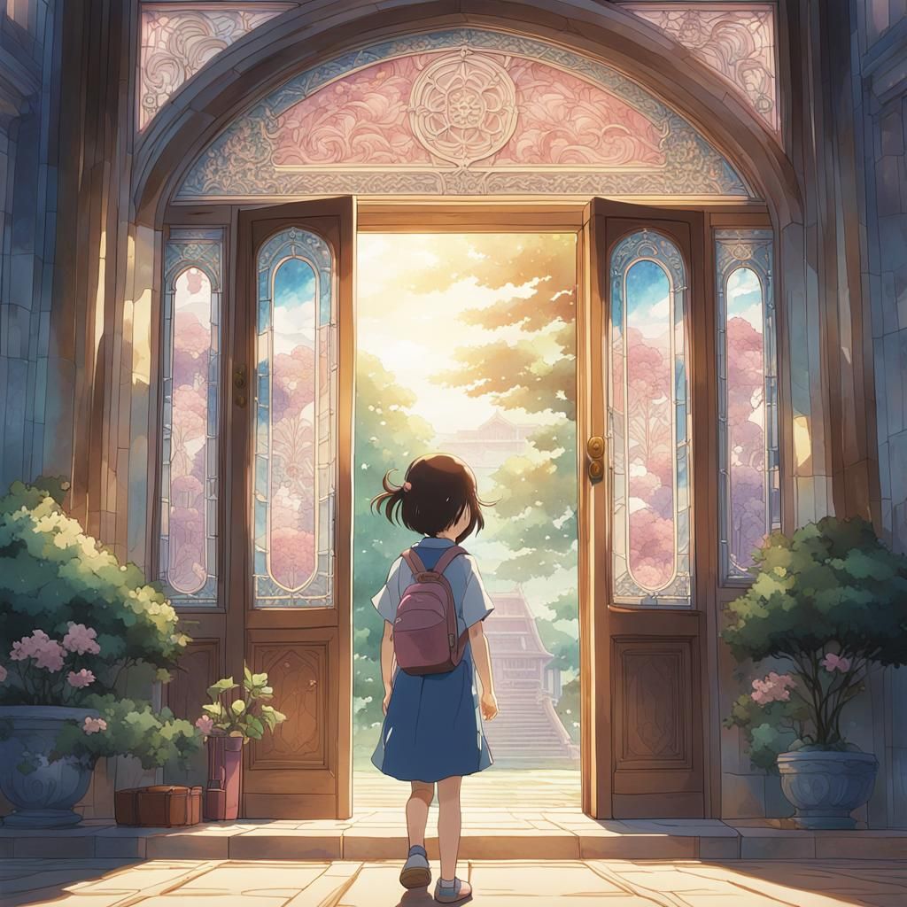 Girl Approaches Grand Door in Anime Watercolor Style