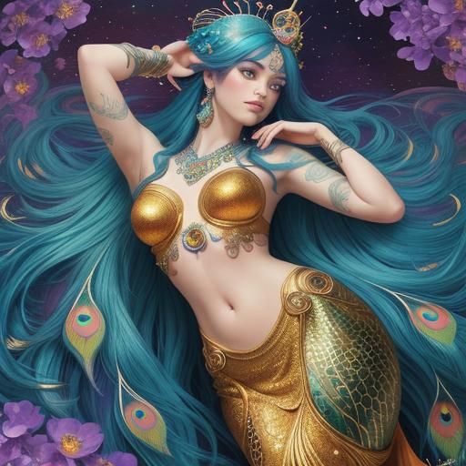 Peacock Mermaid in Art Nouveau Oil Painting
