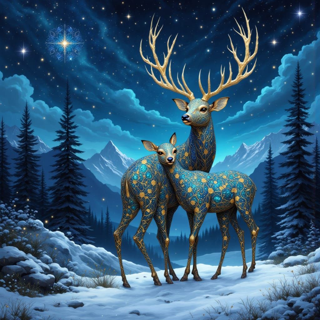 Majestic Stag and Fawn in Starry Winter Wonderland