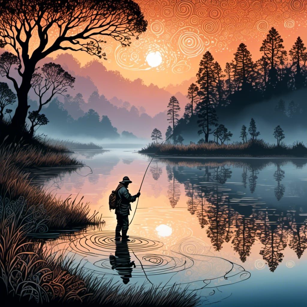Fisherman at Dawn in Zentangle Style