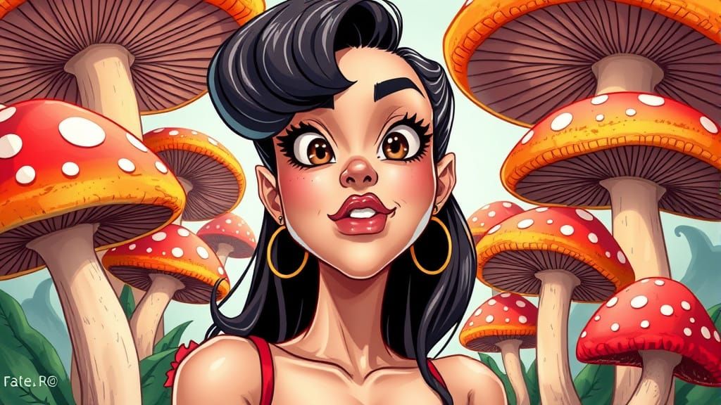 Anime Woman with Crazy Mushrooms in 3D Caricature Style