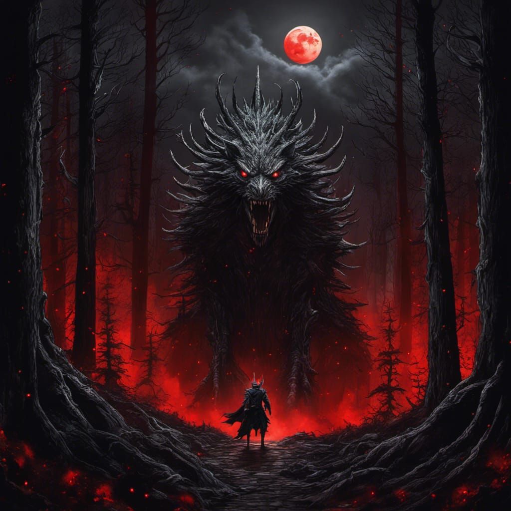 Gothic Wendigo in Burton Style Under Red Moon