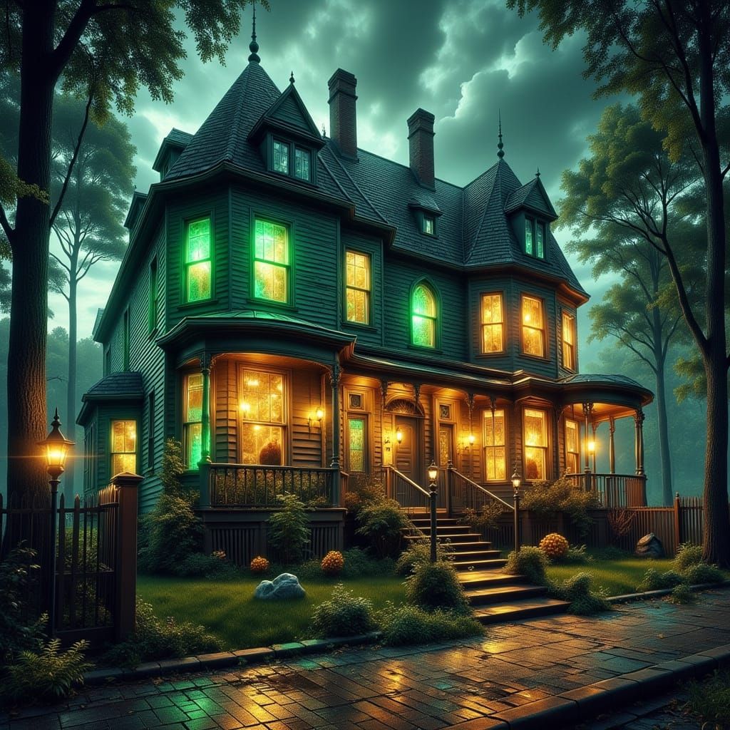 Victorian Houses with Neon Accents in Hyperrealistic Style