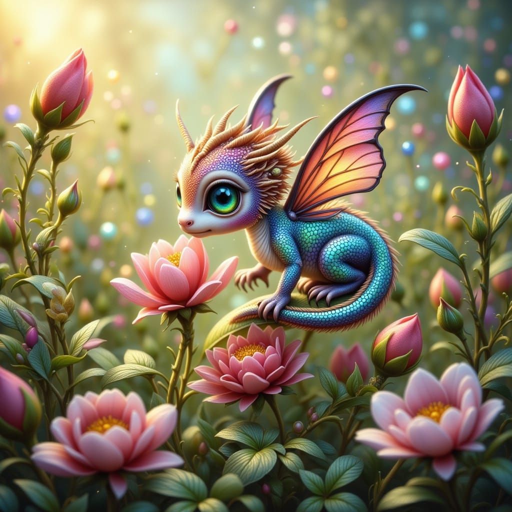 Iridescent Dragonling on Rosehip in Victorian Garden Oil Pai...
