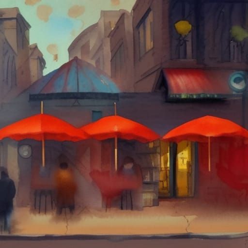 Red Umbrella at Tea Bar in Gouache Watercolor