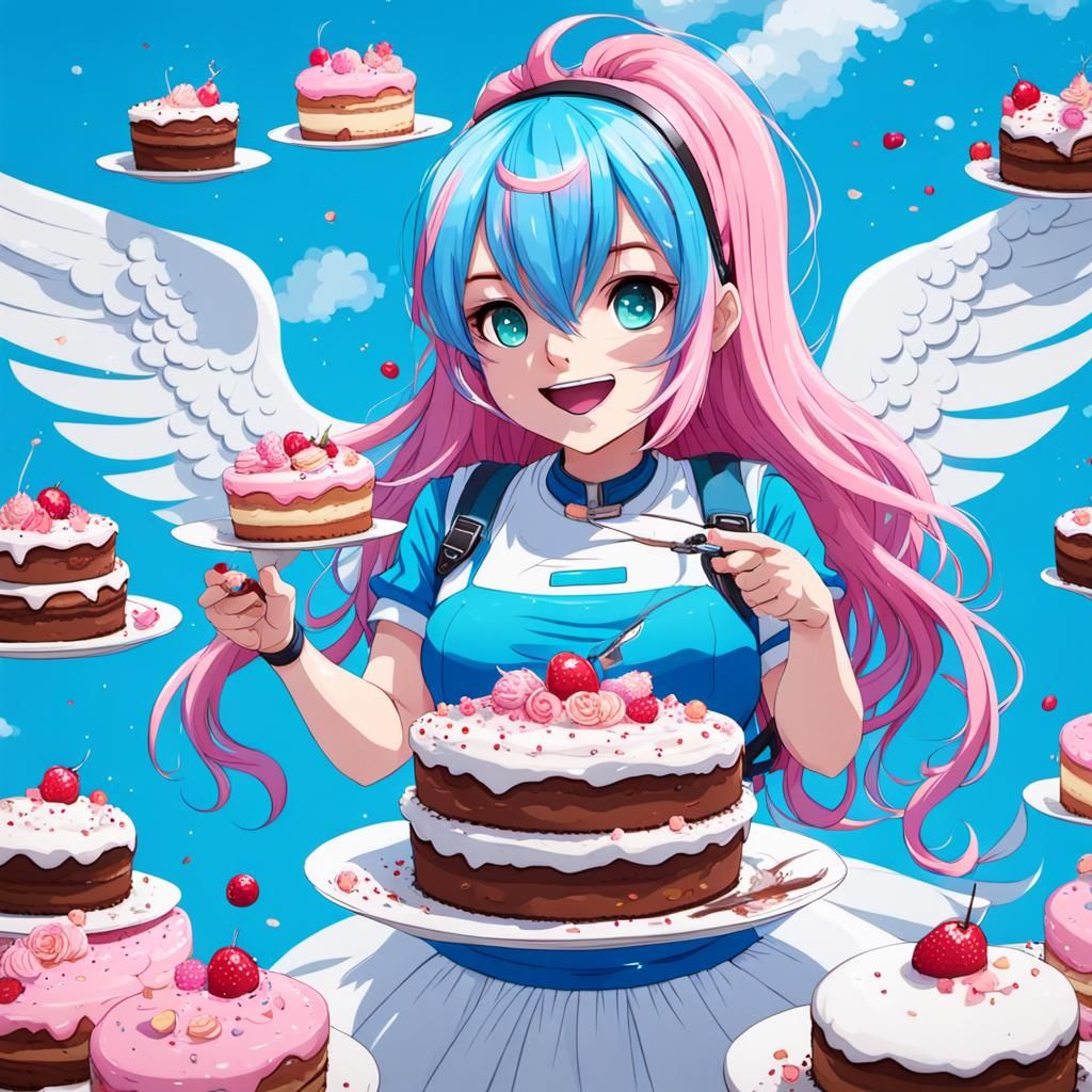 Anime Girl with Pink Hair Fed Cakes by Drone