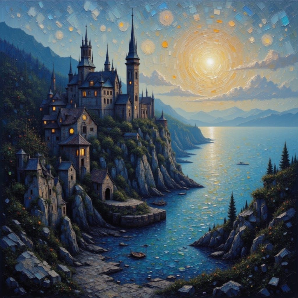 Anime Cathedral Overlooks Picturesque Coastal Village