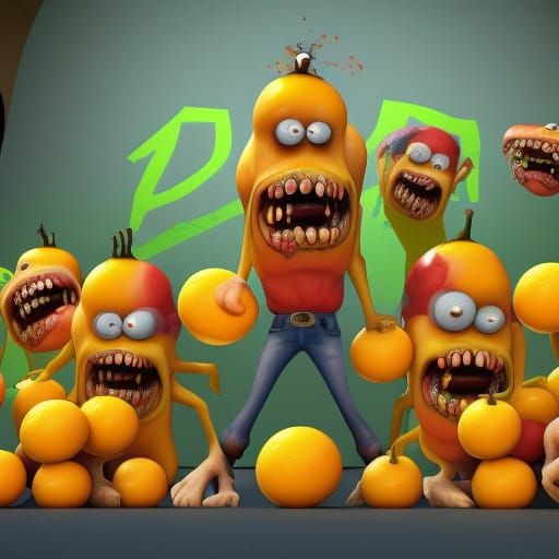 Zombie Bananas and Oranges in Pixar Style