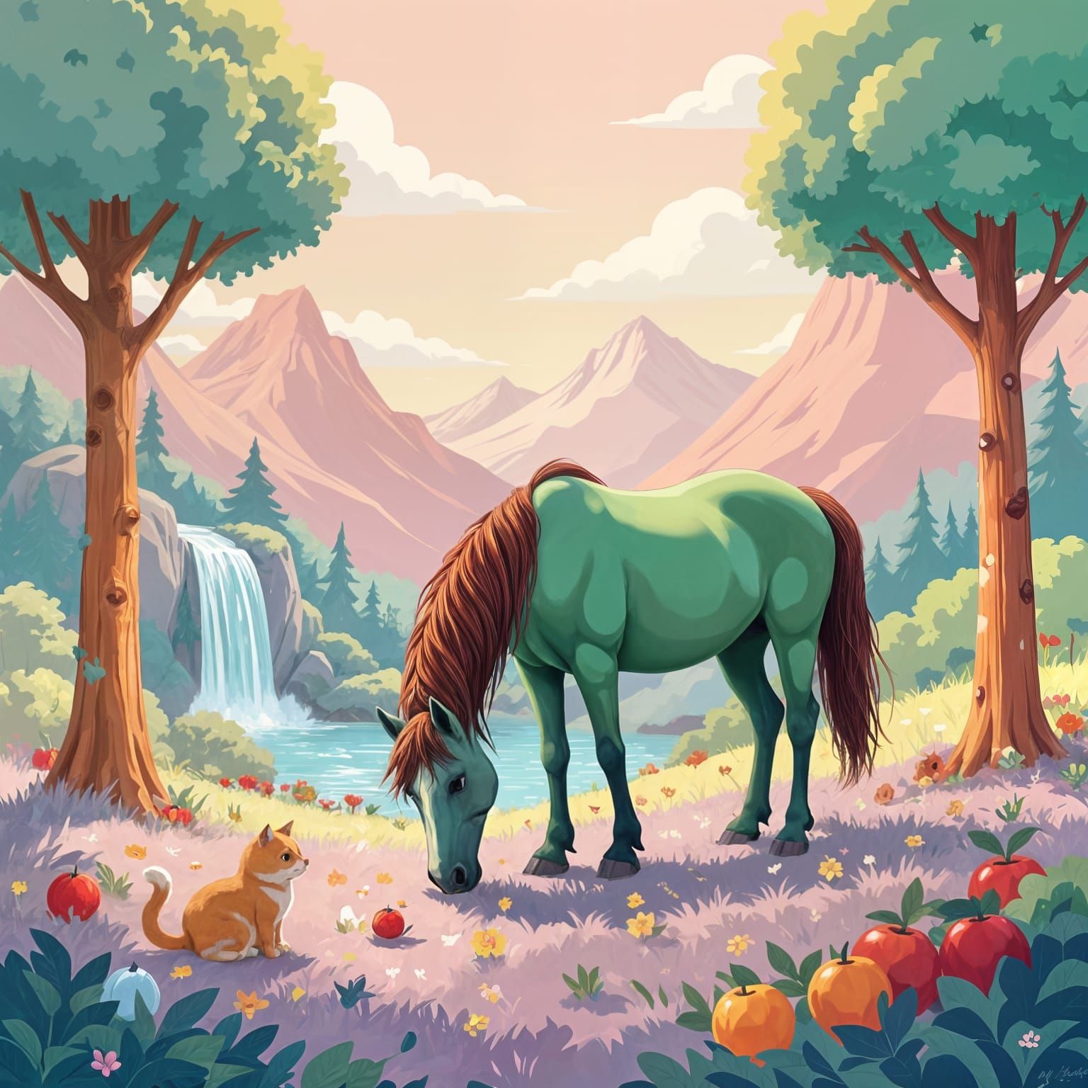Imaginary World: Pink Mountains and a Green Horse