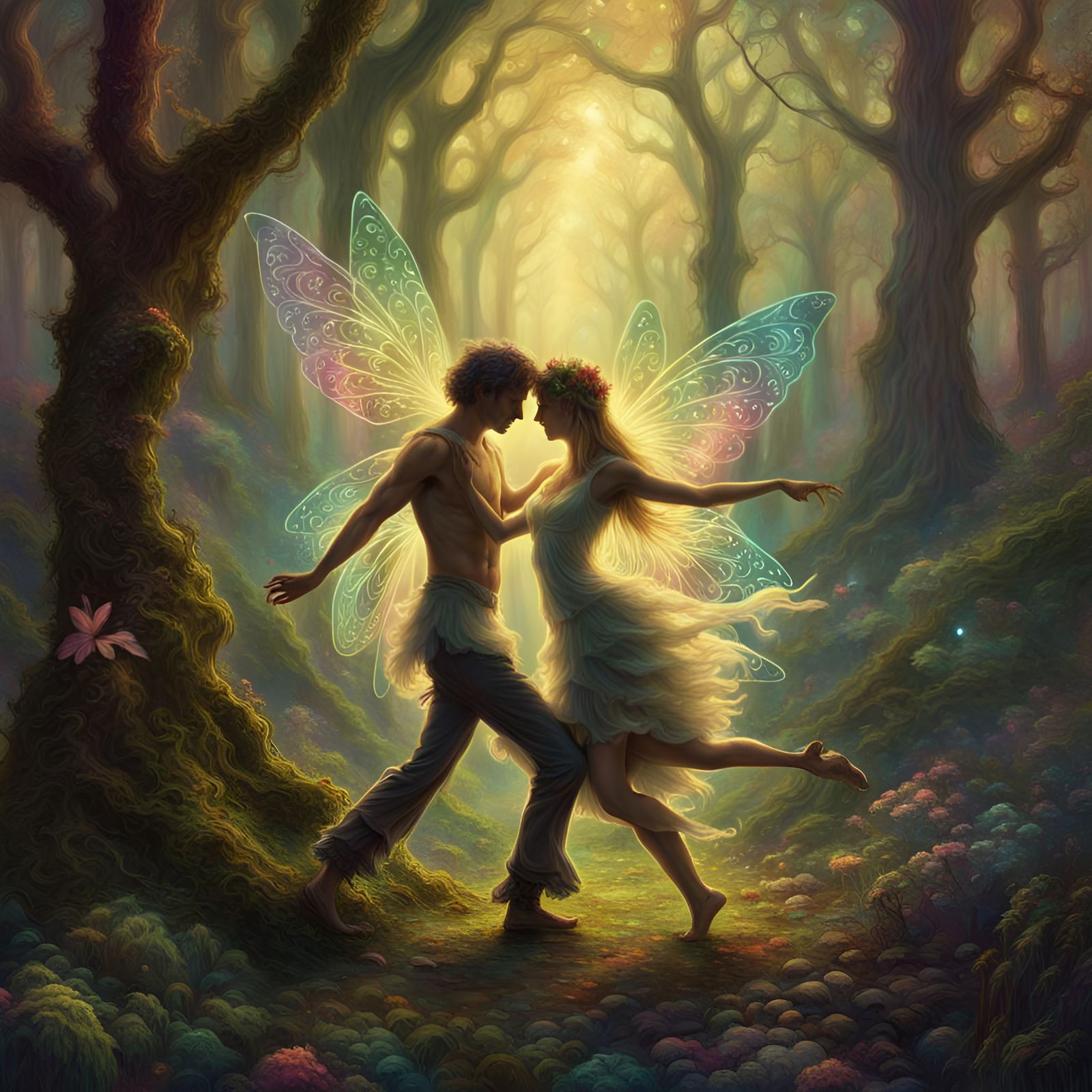 Fairy couple dancing, psychedelic fantasy forest, by Seb McKinnon